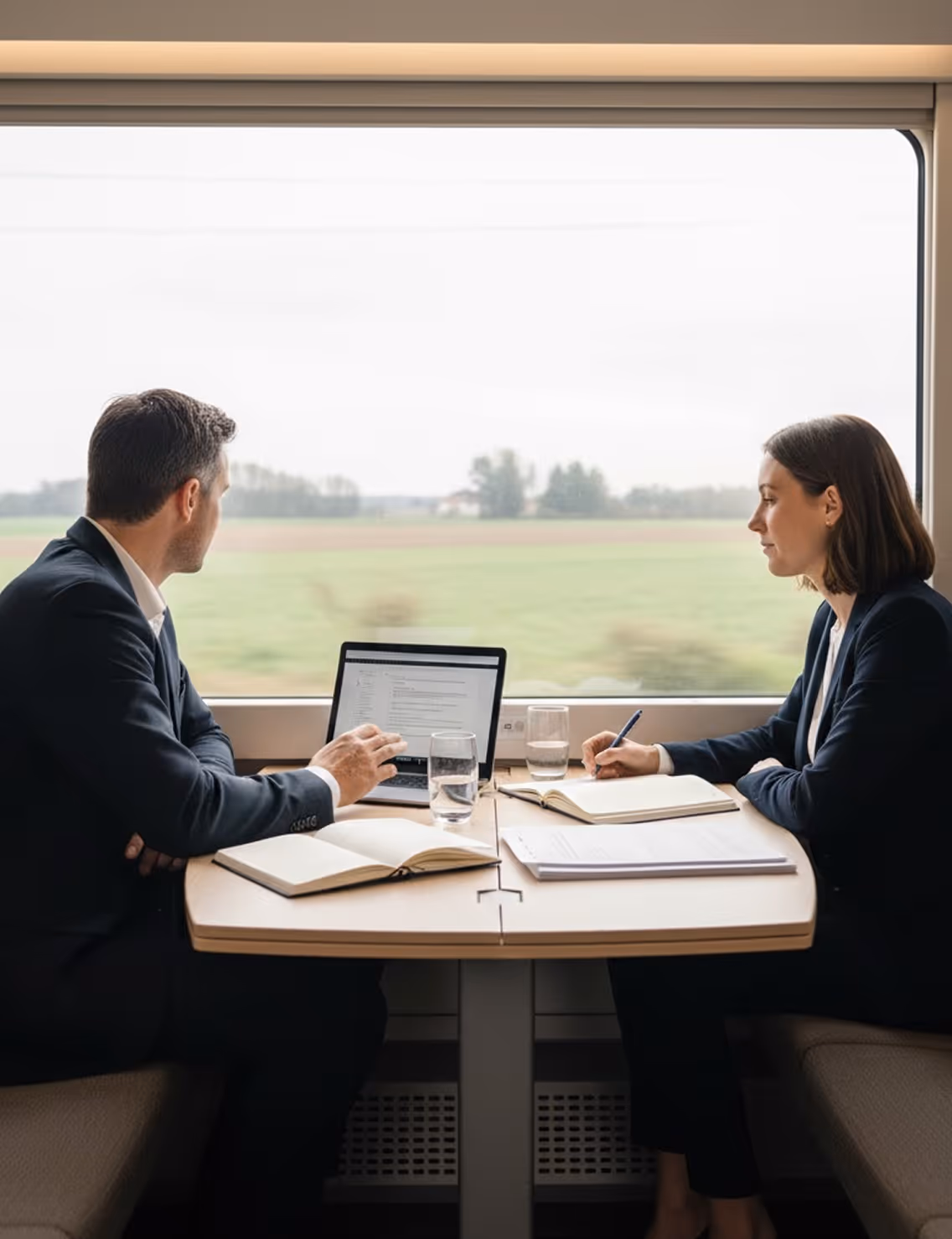 Meeting-Waggon: Two business professionals holding a meeting inside a train compartment.
