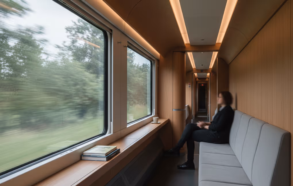 Onboard service: Staff member preparing service inside a premium train cabin.