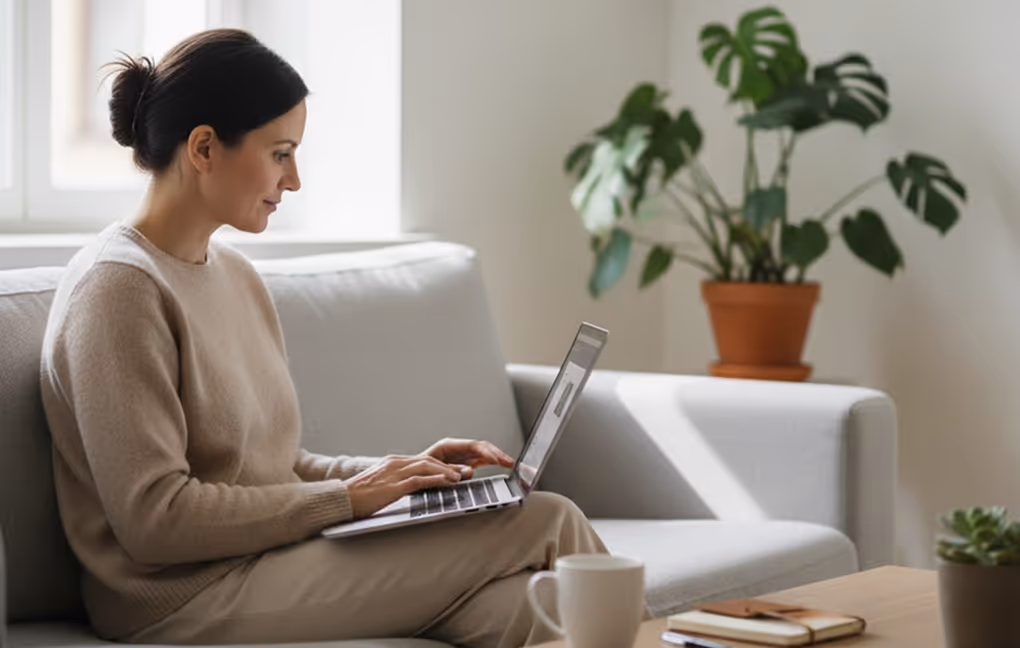 Process step image: Woman planning on a laptop in a bright, calm environment.