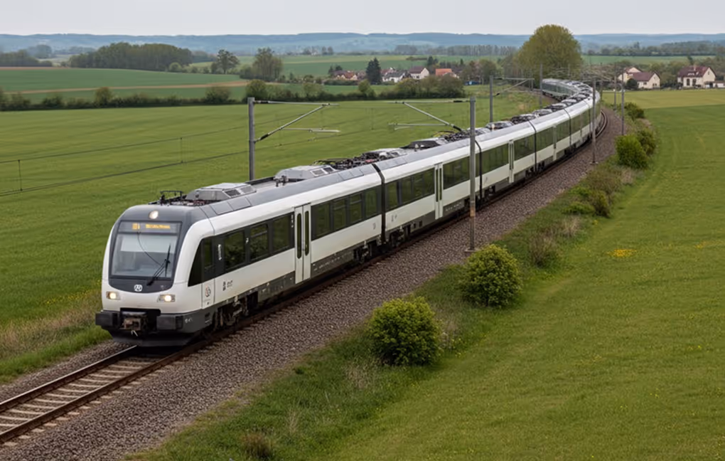 Route planning: Modern train traveling through open landscape on curved tracks.