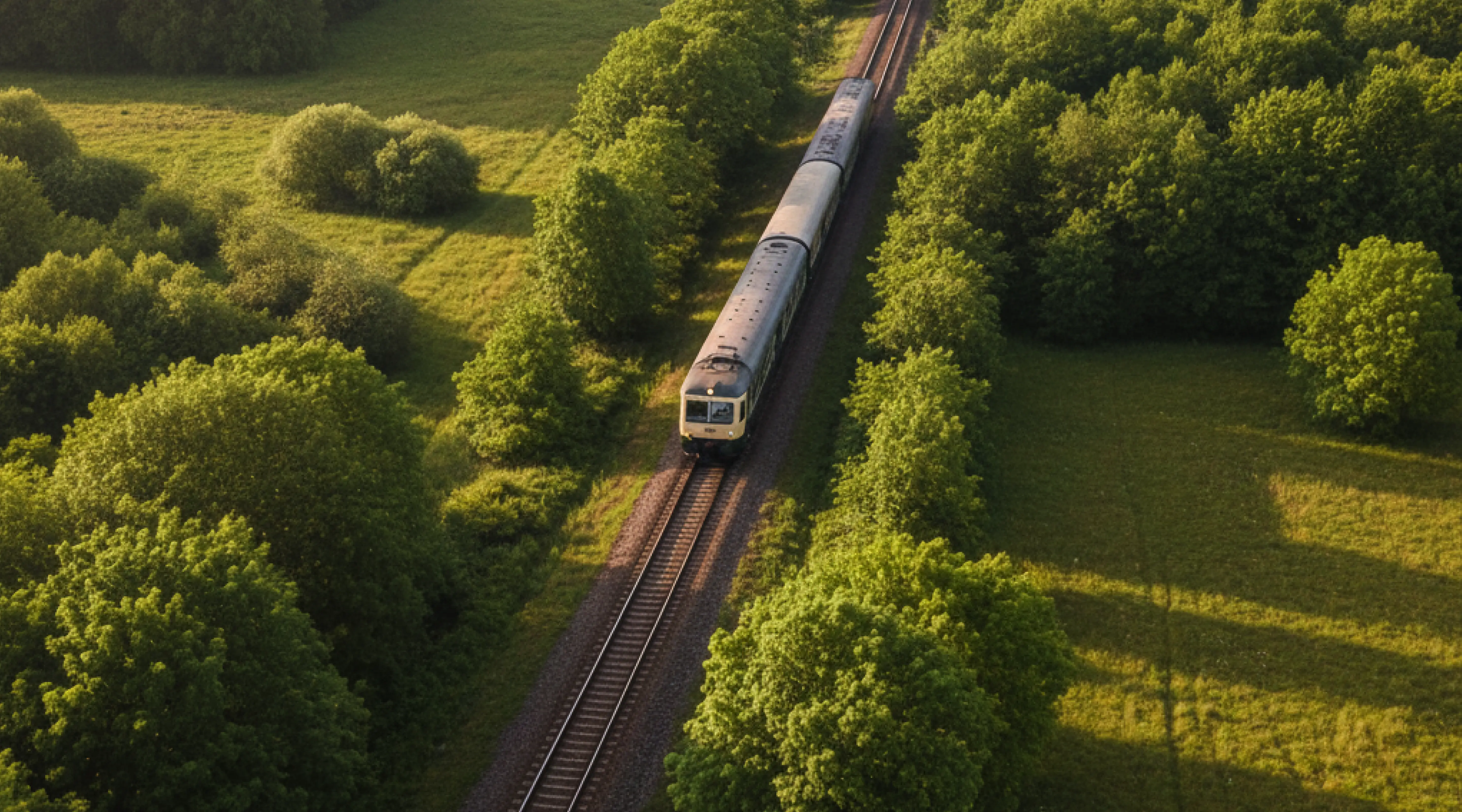 Hero image: Aerial view of a train traveling through green countryside in warm sunlight.