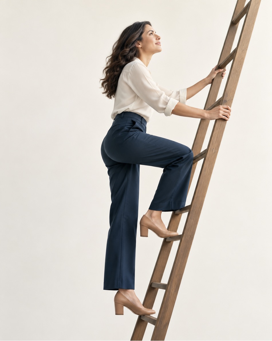 Femme gravissant une échelle, illustration de la progression et du passage à l’action en coaching