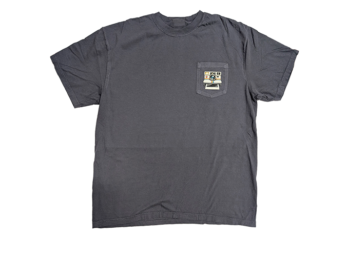 A gray shirt with a camera logo on it