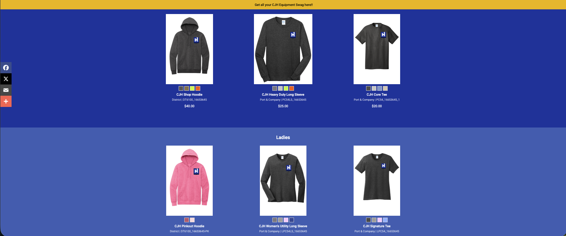 Screen shot of CJH's product highlight screen hosted by Unissued Strength Print Works Home on Inksoft.