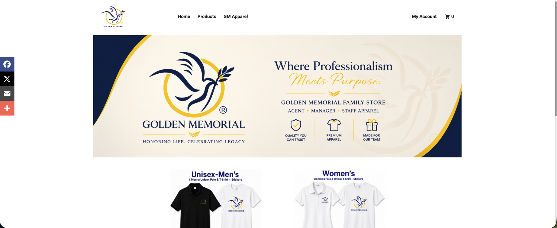 Screen shot of Golden Memorial's Home Screen hosted by Unissued Strength Print Works Home on Inksoft.