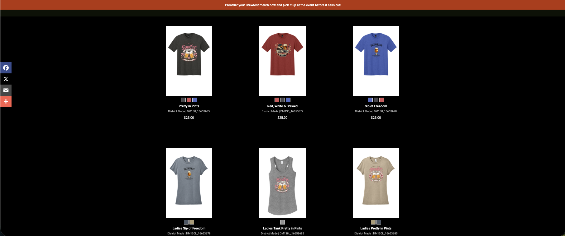 Screen shot of the Rocklin Brewfests featured product page hosted by Unissued Strength Print Works Home on Inksoft.
