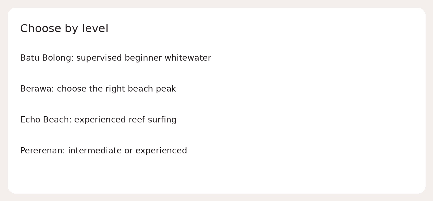 Choose by level; Batu Bolong: supervised beginner whitewater; Berawa: choose the right beach peak; Echo Beach: experienced reef surfing; Pererenan: intermediate or experienced