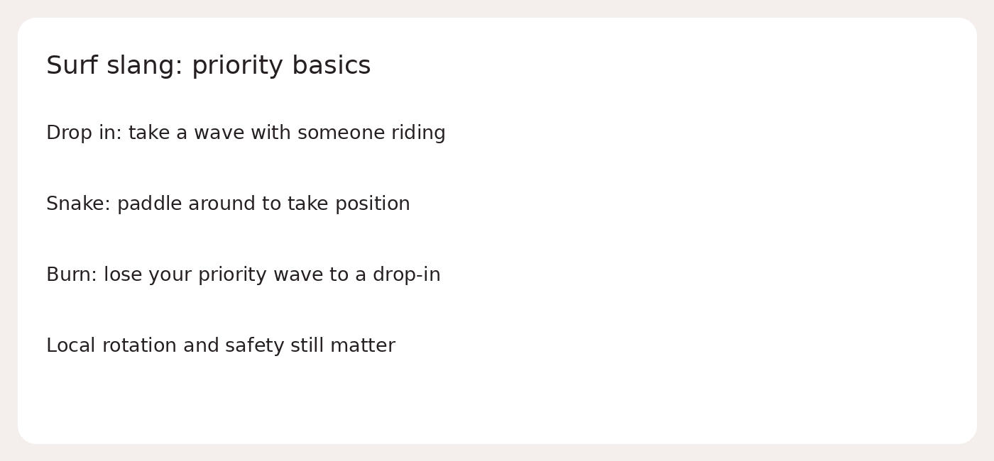 Surf slang: priority basics; Drop in: take a wave with someone riding; Snake: paddle around to take position; Burn: lose your priority wave to a drop-in; Local rotation and safety still matter