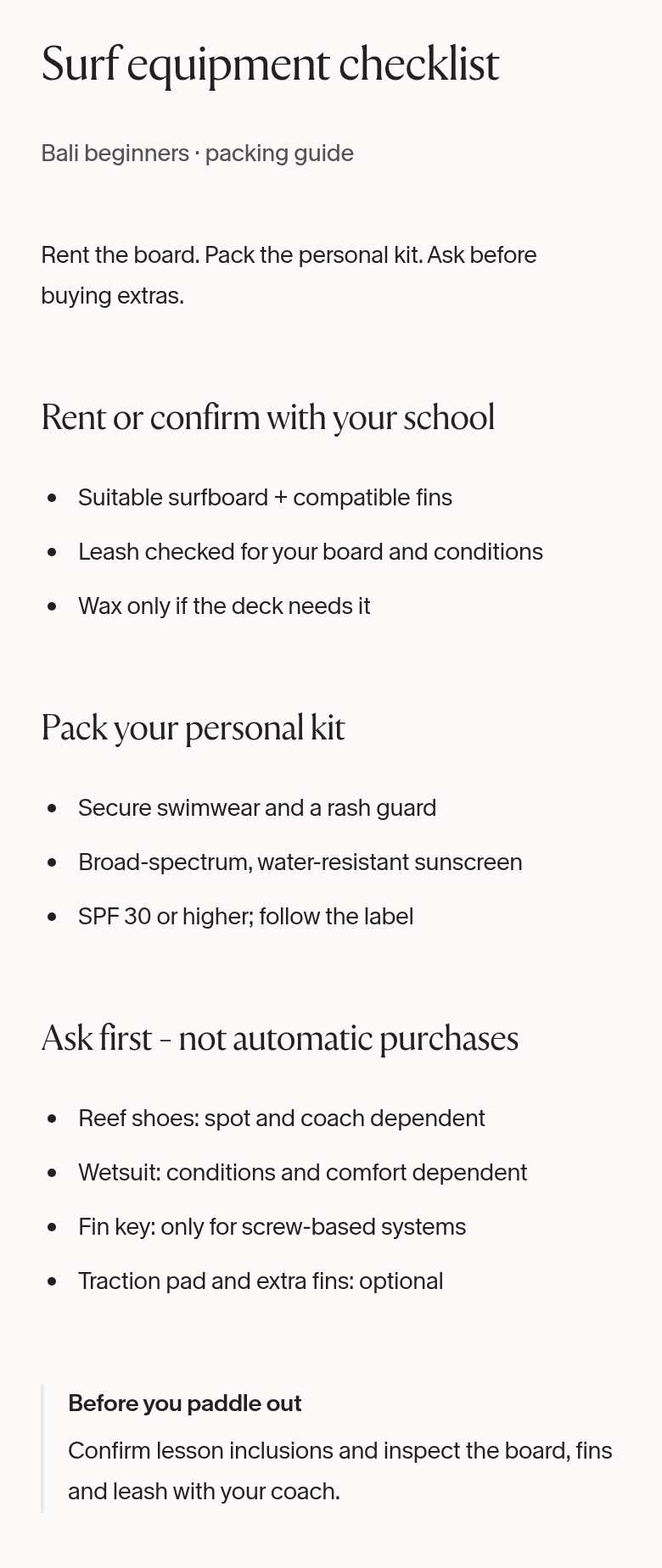 Surf equipment checklist for Bali beginners: rent the board, pack personal kit and ask before buying extras