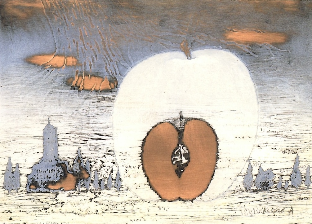 赤穴桂子「リンゴのある風景」1975年 Oil and copperplate print