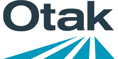Logo of Otak with stylized blue text below a dark blue icon resembling a wave or swoosh.