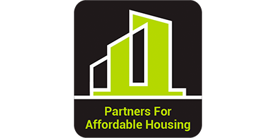 Logo with three stylized building shapes in green and white above the text 'Partners For Affordable Housing'.