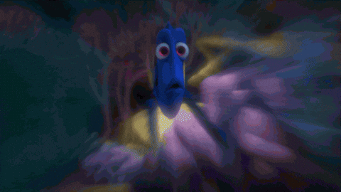 Dory from Finding Nemo swimming happily, having forgotten everything again