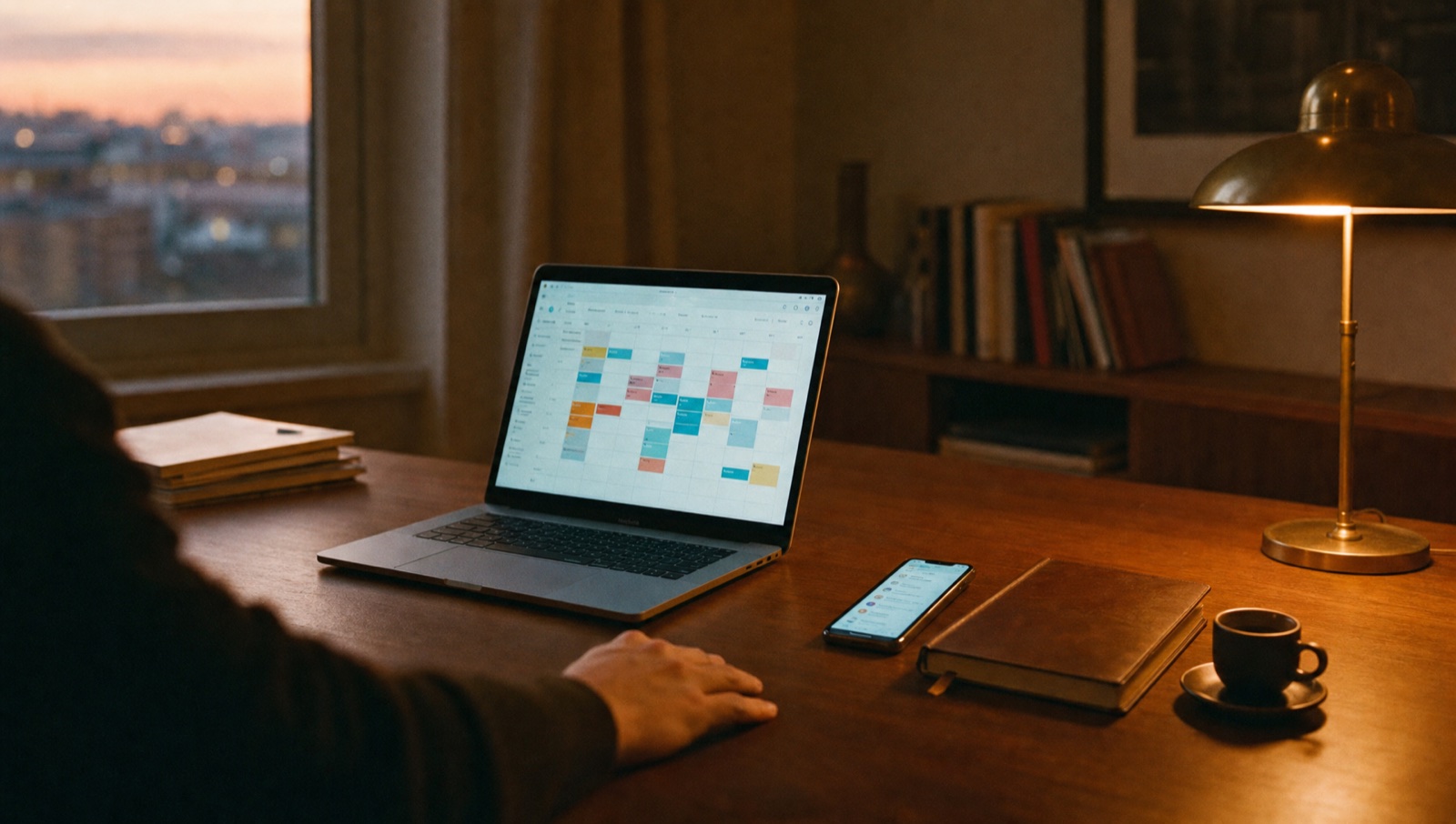 A laptop on a warm desk at dusk showing a week-view calendar full of blocks, a phone beside it showing a list of messages, and a hand resting on the desk near the trackpad without touching it
