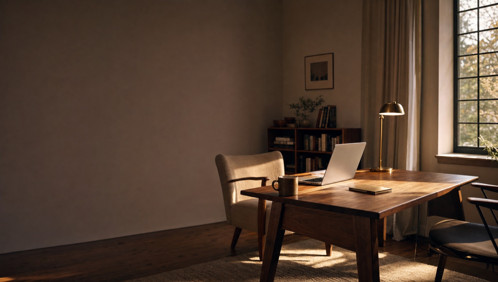 A warm modern home office at first light, a walnut desk with an open laptop and a brass lamp, a linen armchair and a low shelf of books, the room lived in and just left