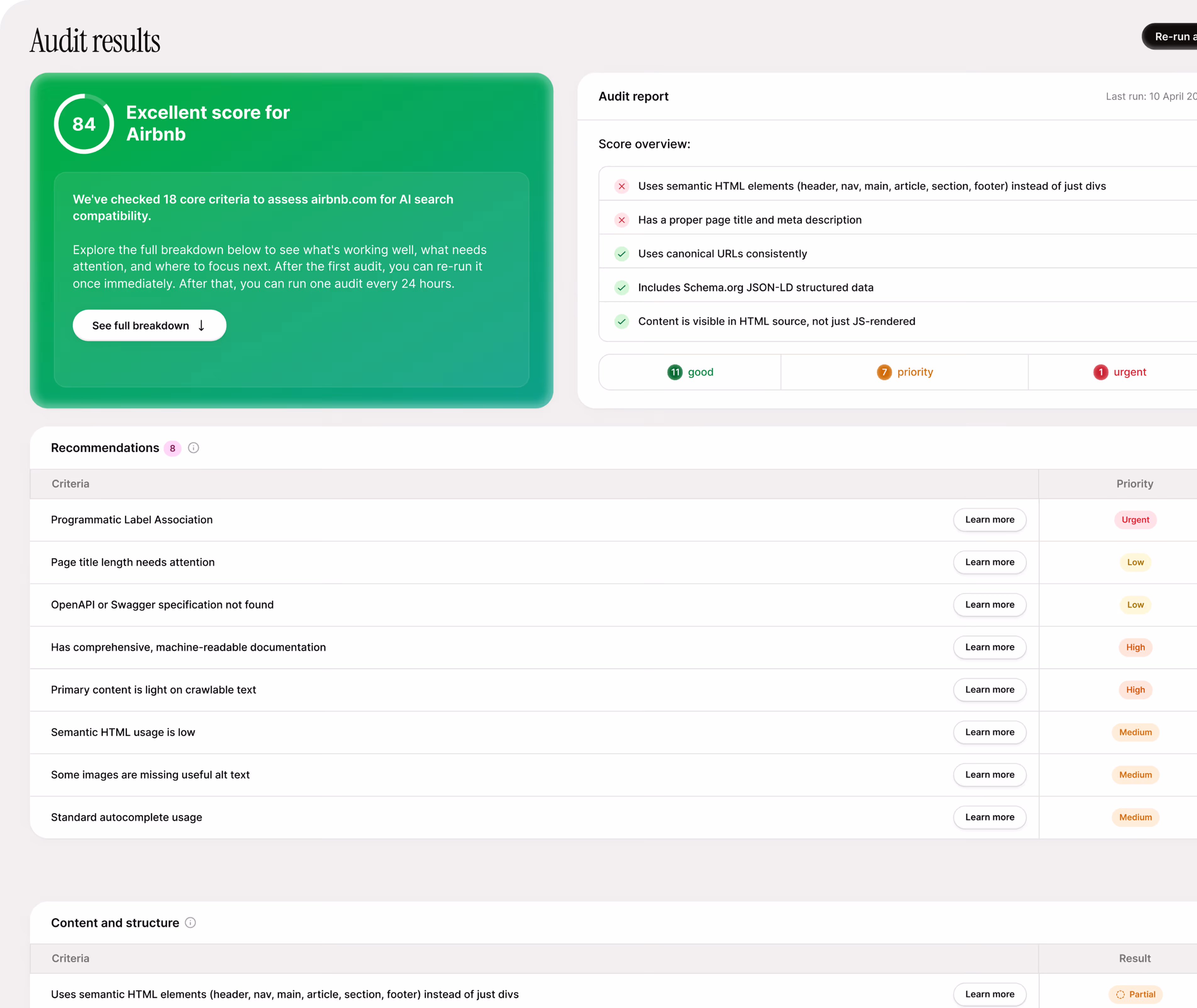 A dashboard view of a website audit with a good score