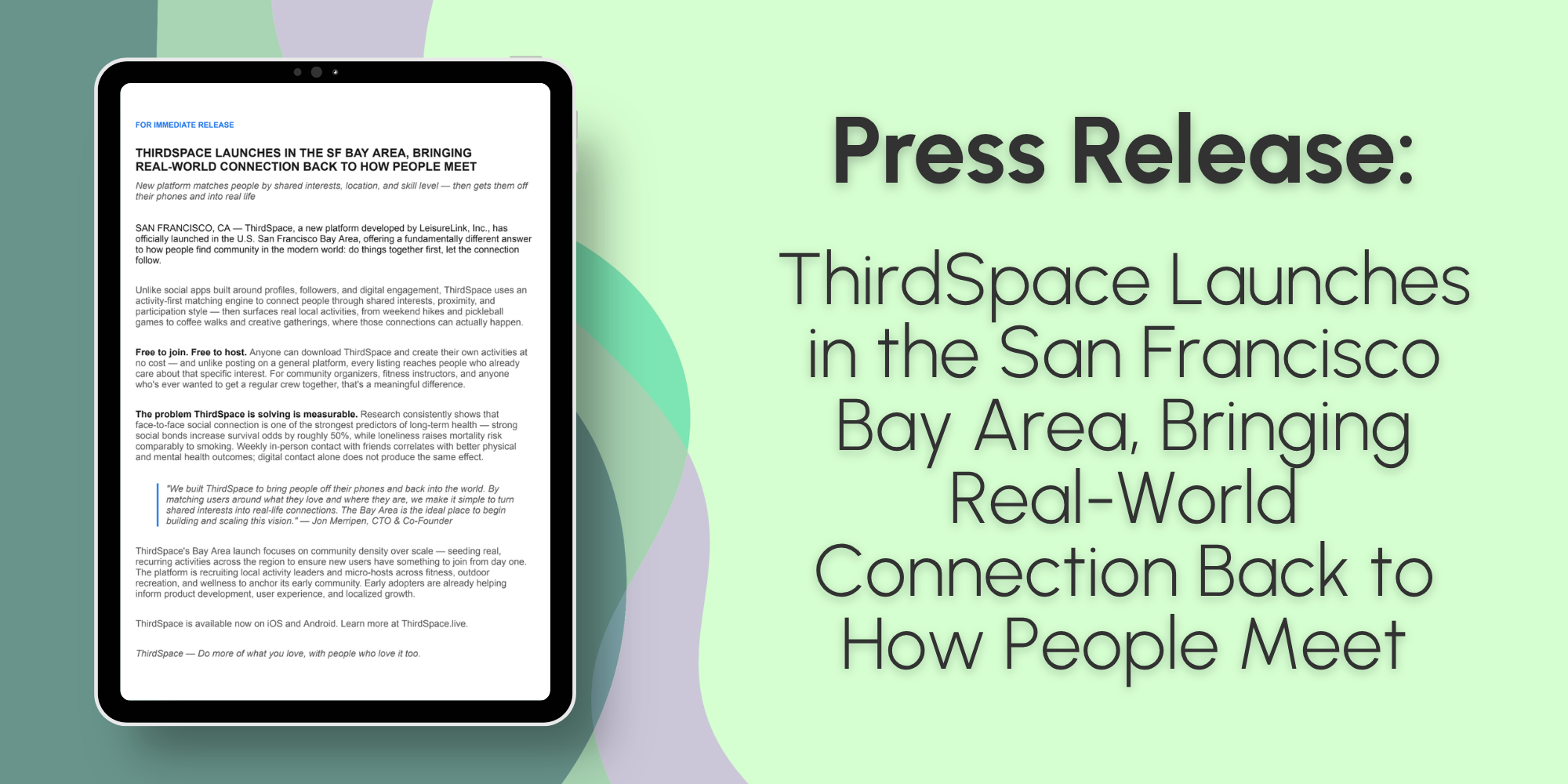 Press Release: ThirdSpace Launches in the San Francisco Bay Area, Bringing Real-World Connection Back to How People Meet