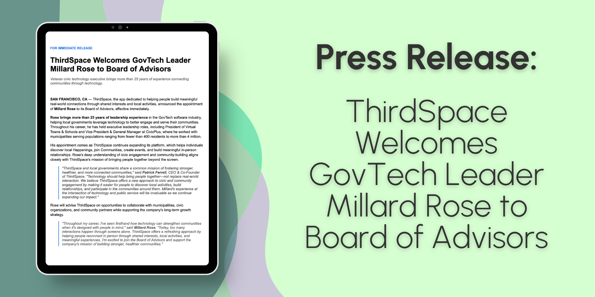 Press Release: ThirdSpace Welcomes GovTech Leader Millard Rose to Board of Advisors