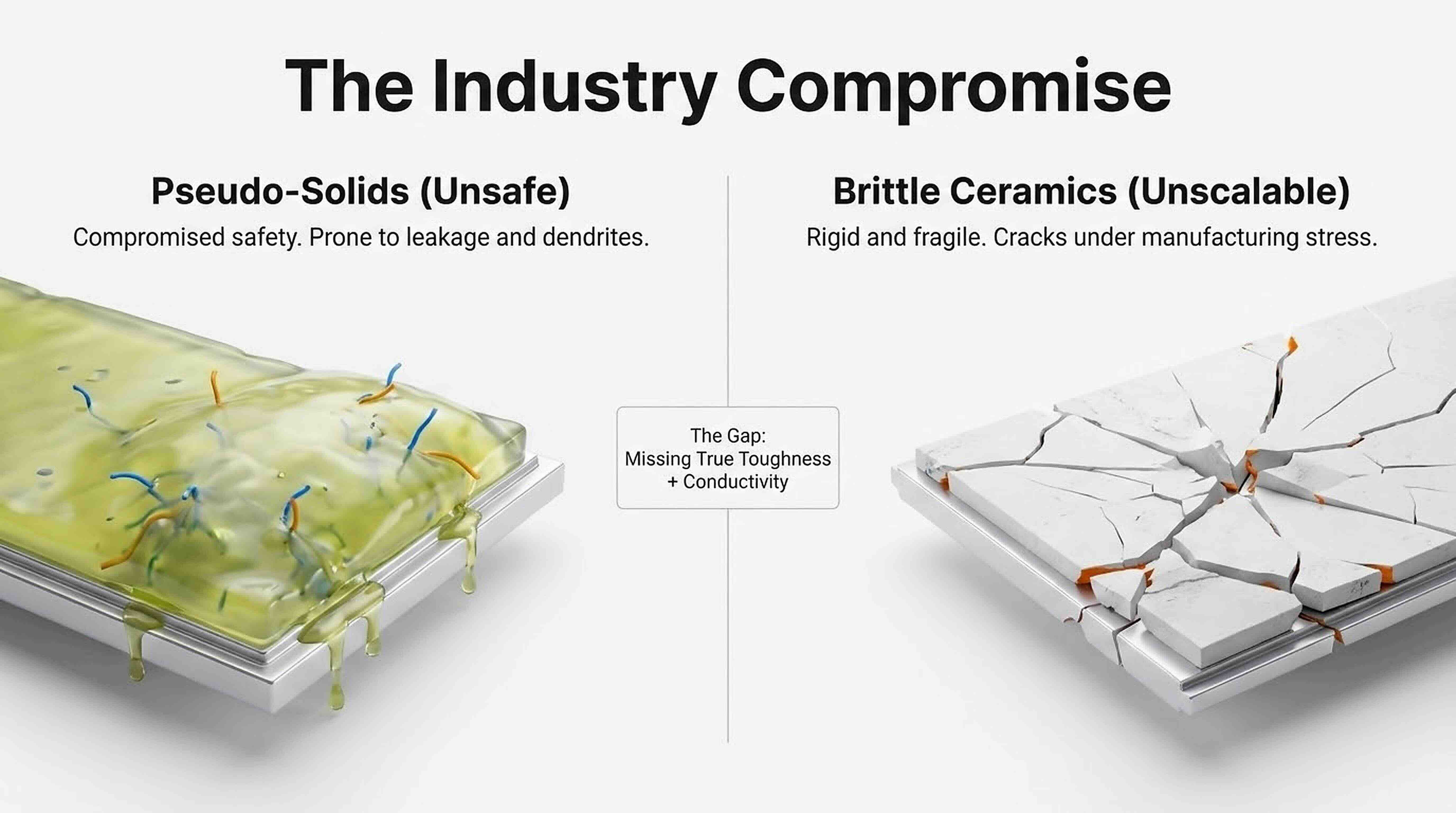 Comparison of two materials representing 'The Industry Compromise': left side shows yellow-green pseudo-solid dripping with embedded colored wires, labeled unsafe; right side shows cracked, white brittle ceramic labeled unscalable, with a center note about missing true toughness and conductivity.