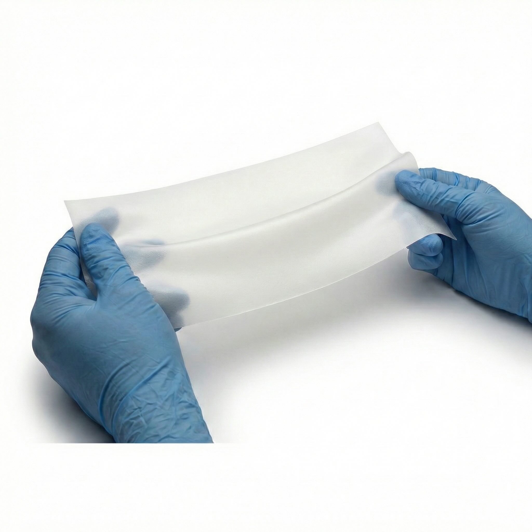 Hands wearing blue gloves holding and stretching a thin translucent flexible sheet.