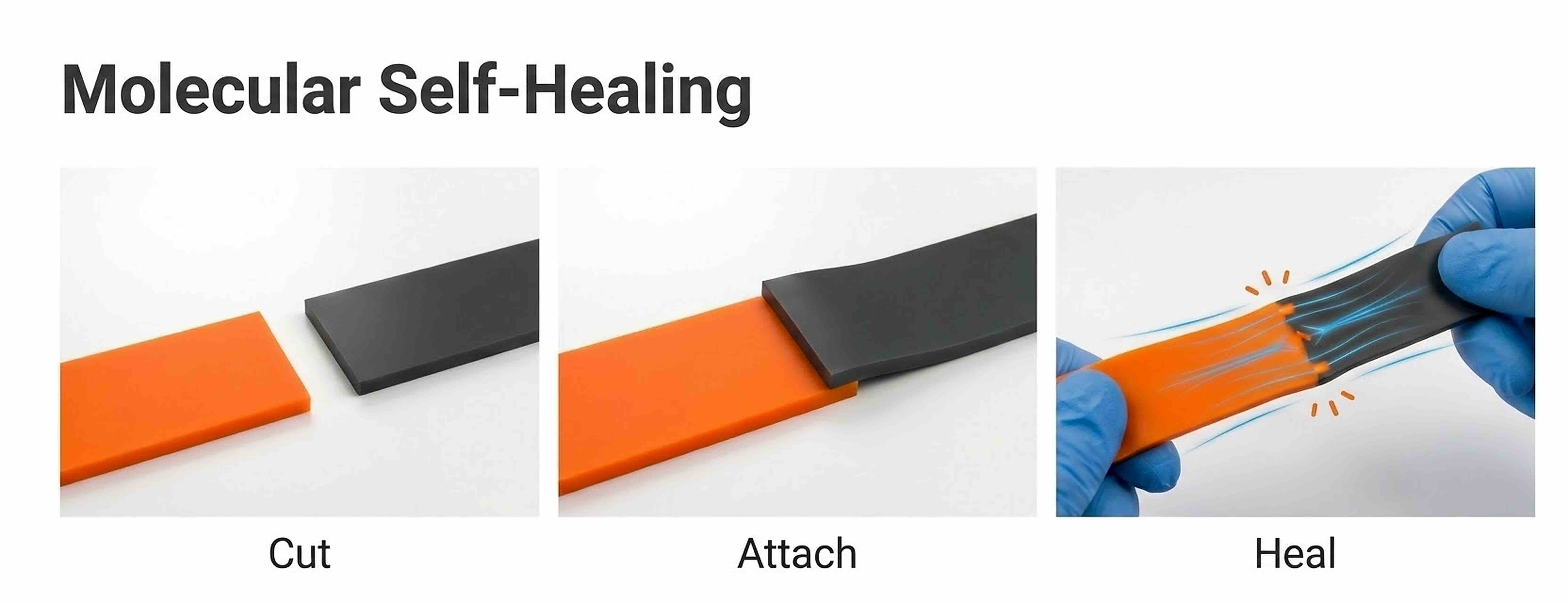 Three-step sequence showing molecular self-healing with cut orange and black pieces, attaching them, and hands stretching them as they heal.