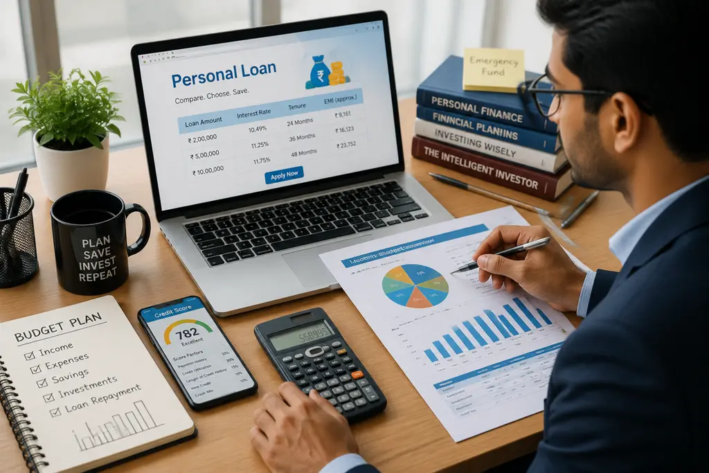 person planning a personal loan budget with financial charts, a calculator, and laptop