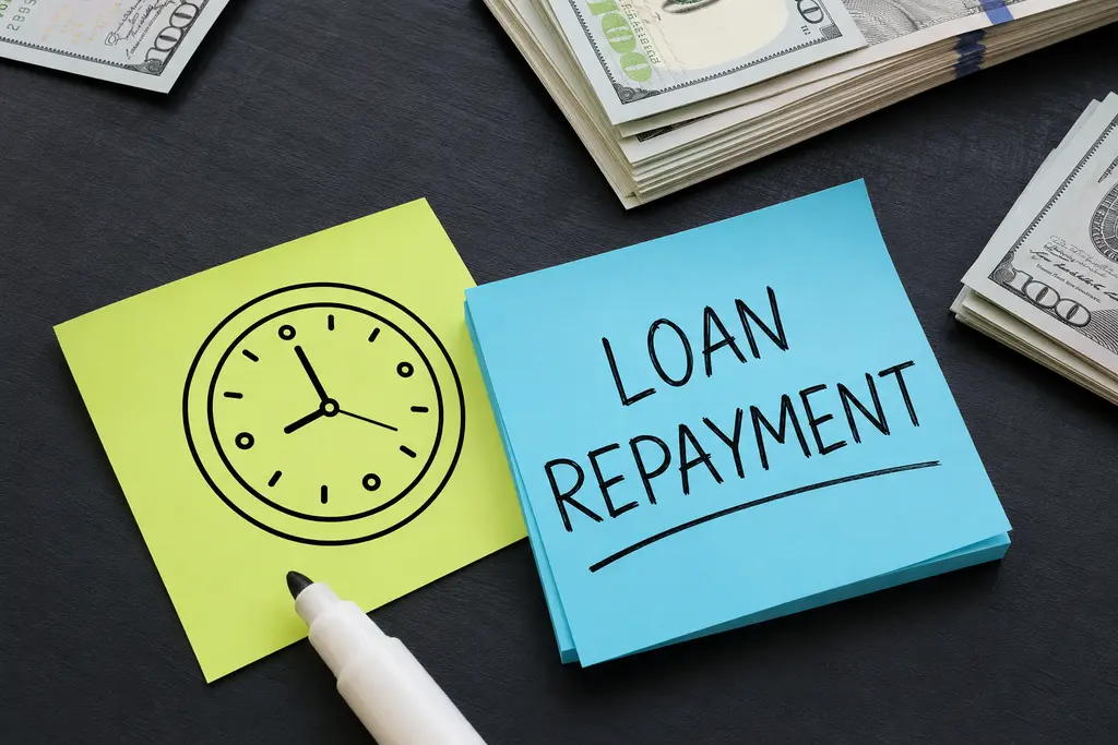 personal loan repayment note with a clock drawing, marker, and stacks of cash on a dark table