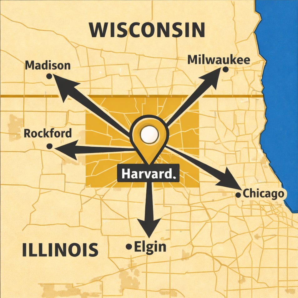 Map showing Harvard in Illinois with arrows pointing to nearby cities: Madison and Milwaukee in Wisconsin, and Rockford, Chicago, and Elgin in Illinois.