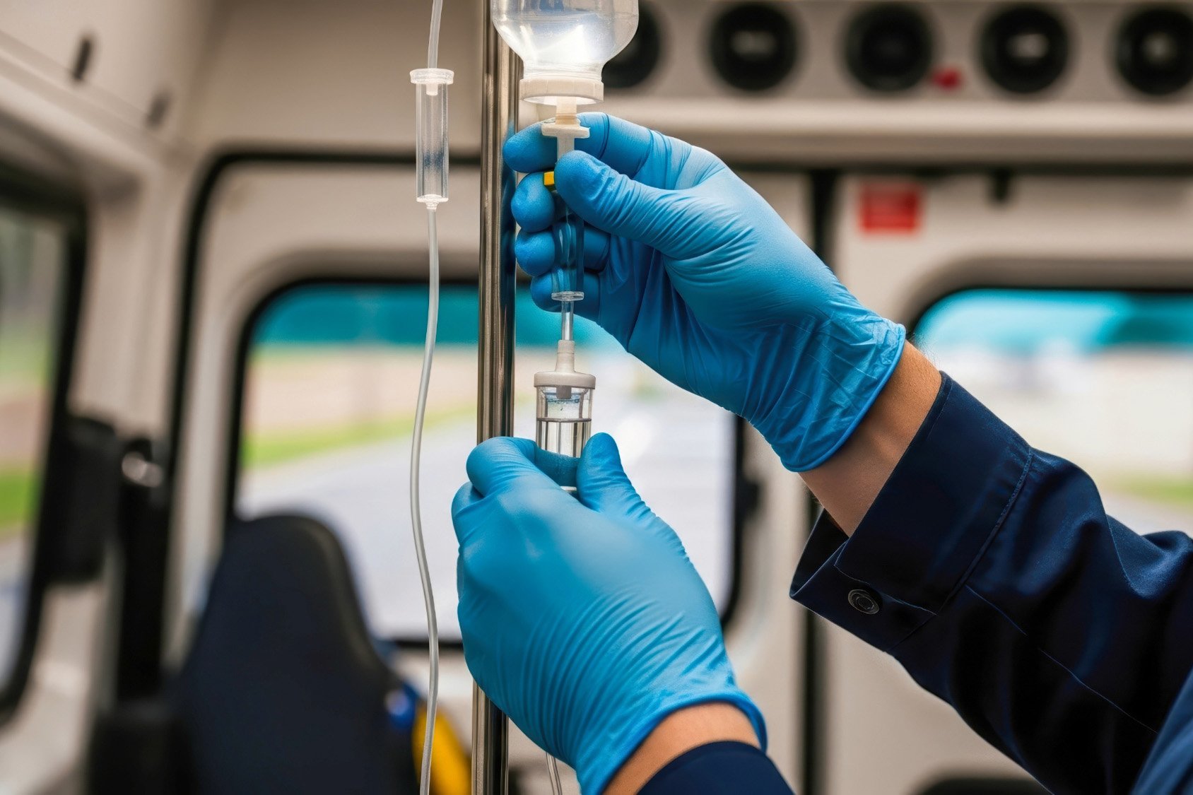 Hands wearing blue gloves adjusting an IV drip inside an ambulance.