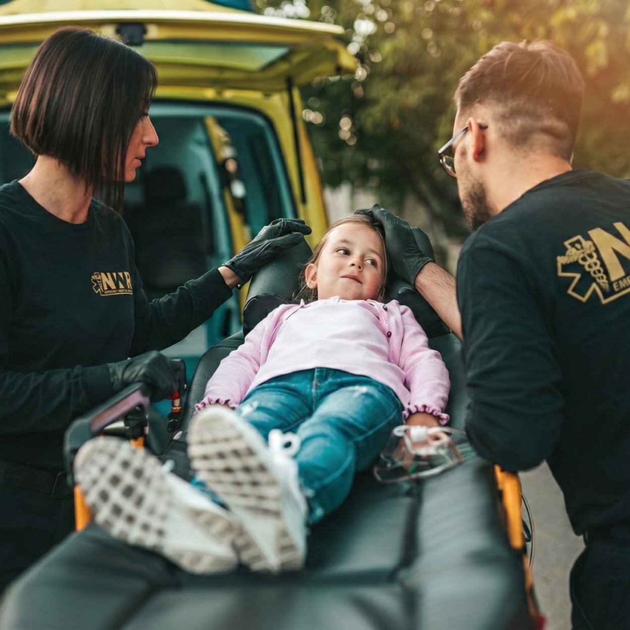 Two paramedics attending to a young girl lying on a stretcher outside an ambulance.