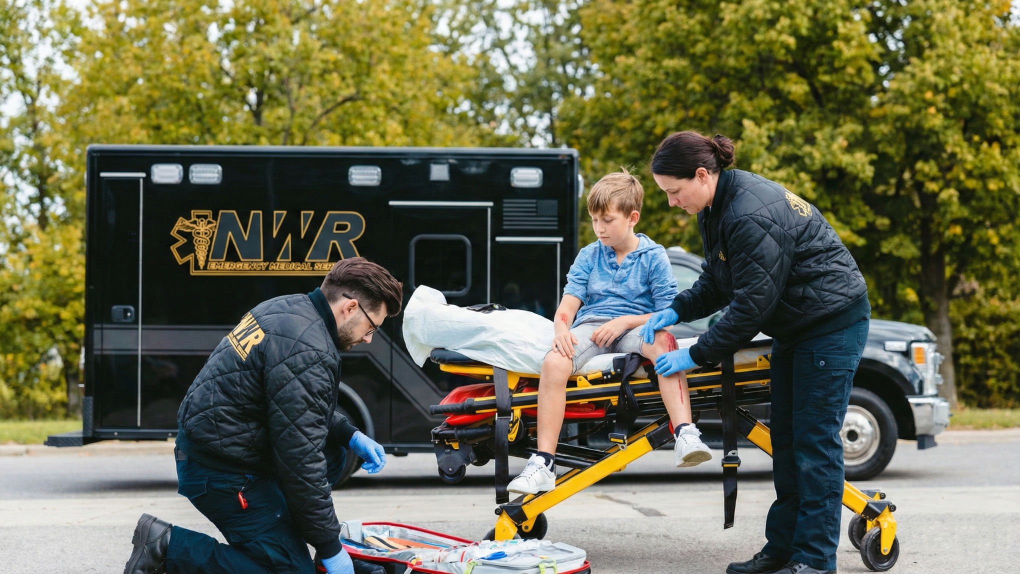 Two paramedics treating a young boy with leg injuries seated on a stretcher outside an emergency medical service vehicle.