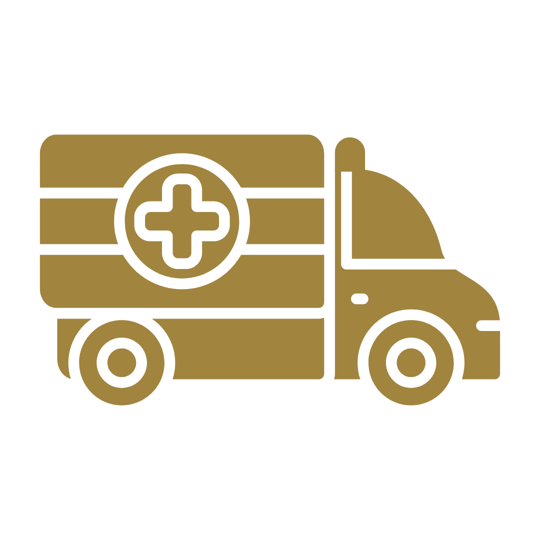 Simplified gold and black ambulance icon with medical cross on the side.