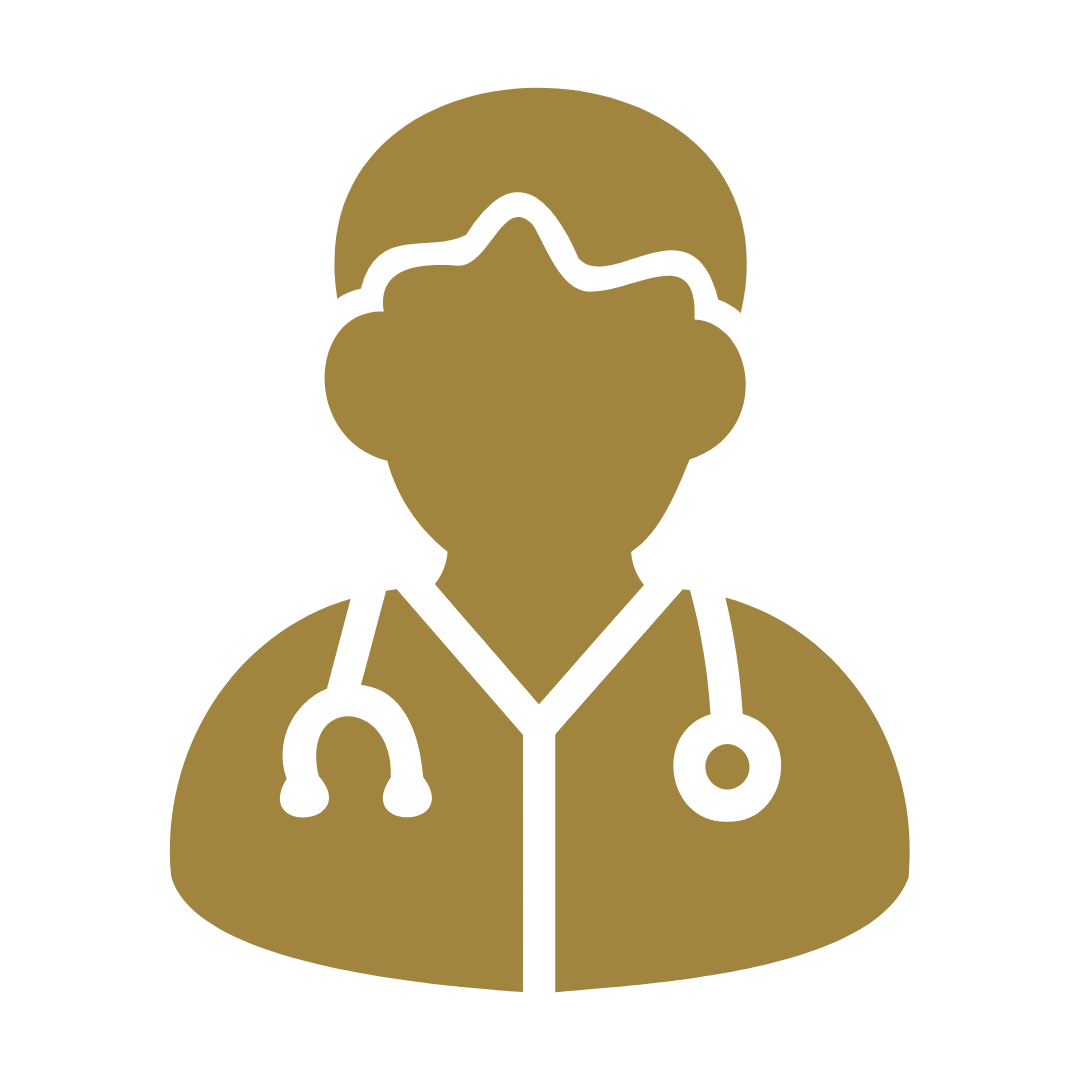 Simplified icon of a medical professional wearing glasses and a stethoscope around the neck.