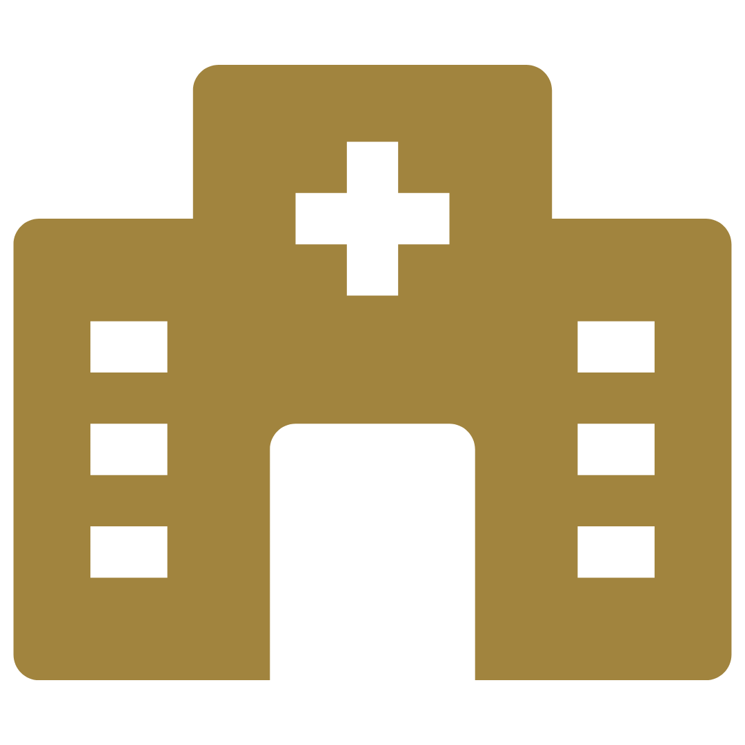 Gold hospital building icon with a cross above the entrance and three windows on each side.
