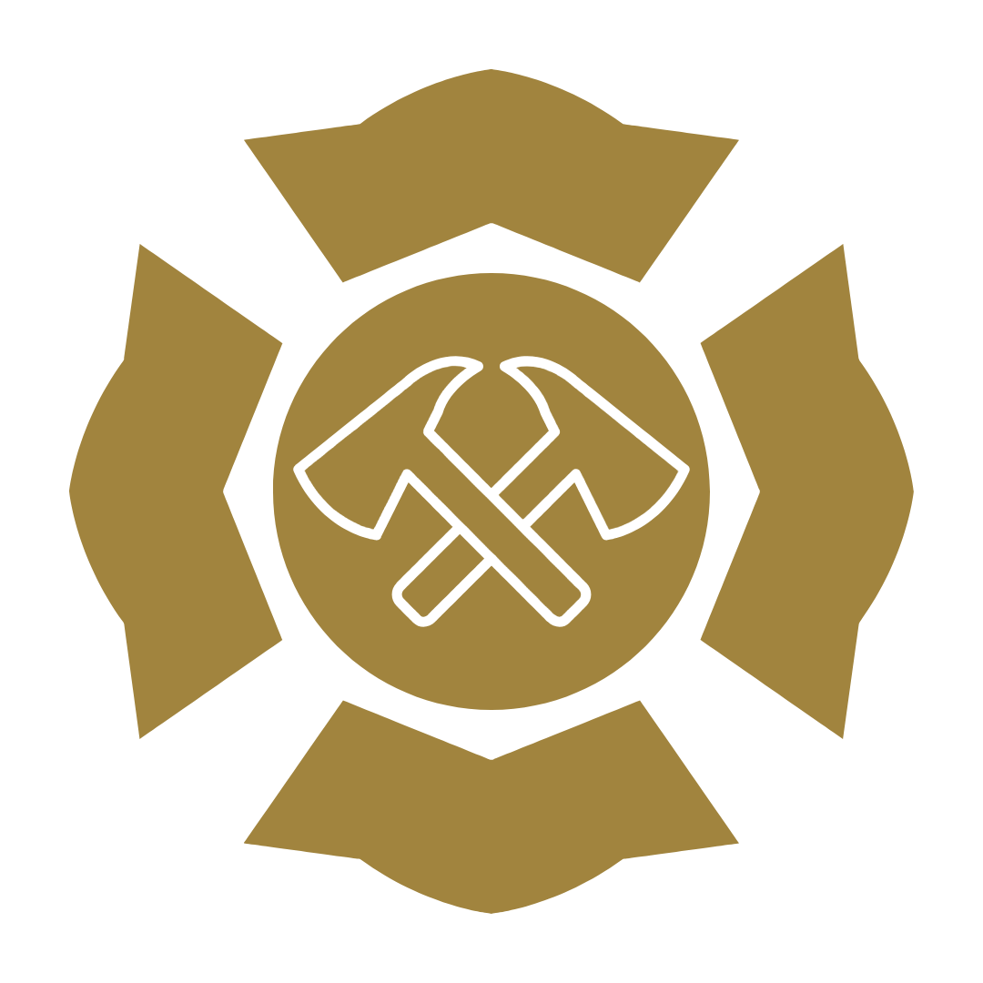 Maltese cross emblem in gold with two crossed axes in the center.