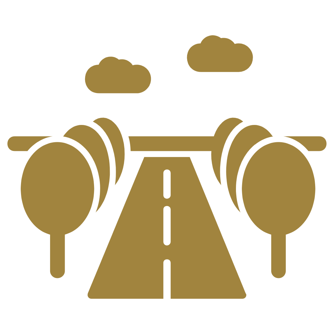 Graphic of a straight road with lane markings, flanked by stylized trees and clouds above.