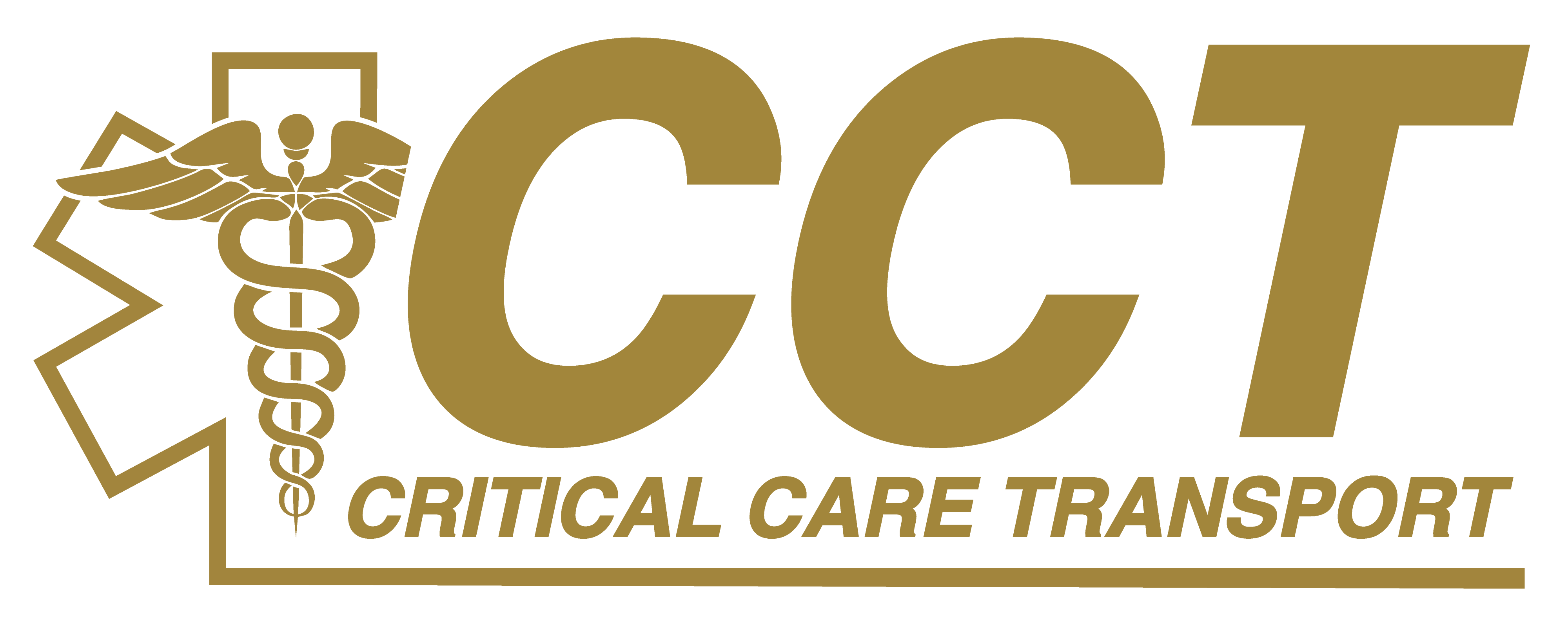 Gold-colored CCT logo with the words Critical Care Transport and a medical caduceus symbol inside a star of life outline.