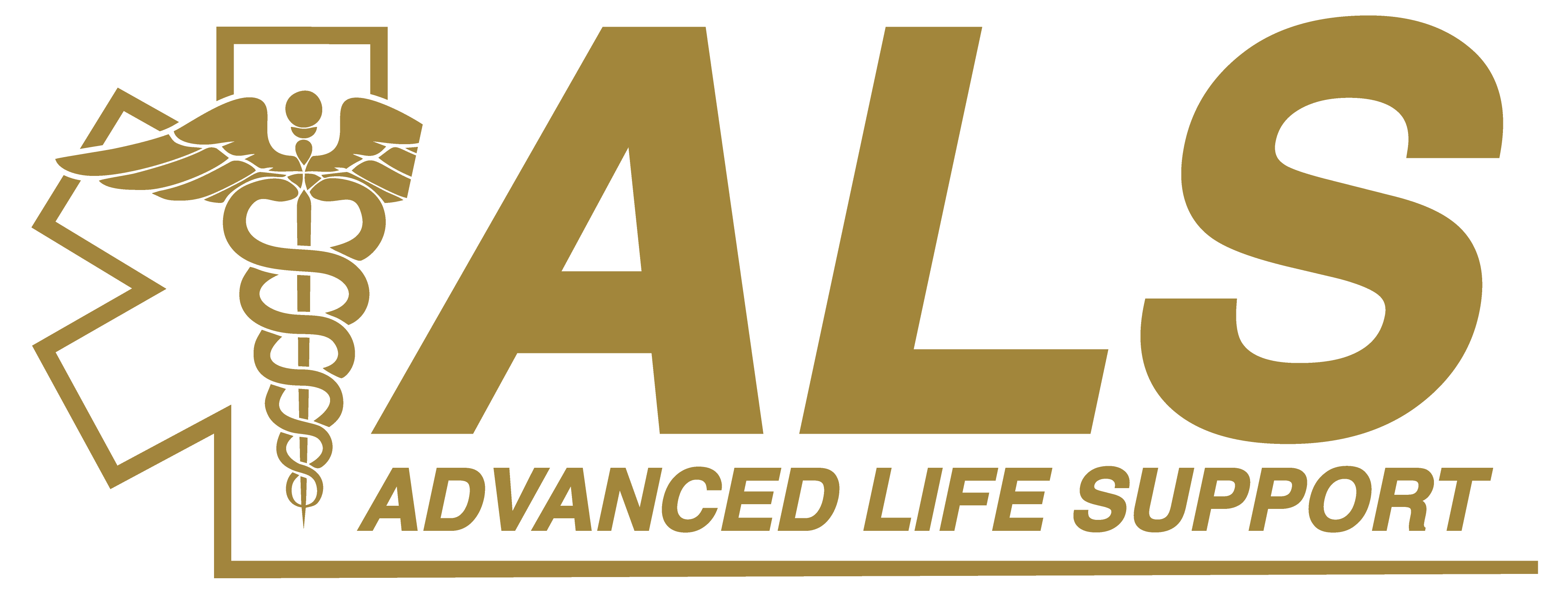 Gold medical star of life symbol with a caduceus next to large text 'ALS' and smaller text 'Advanced Life Support'.
