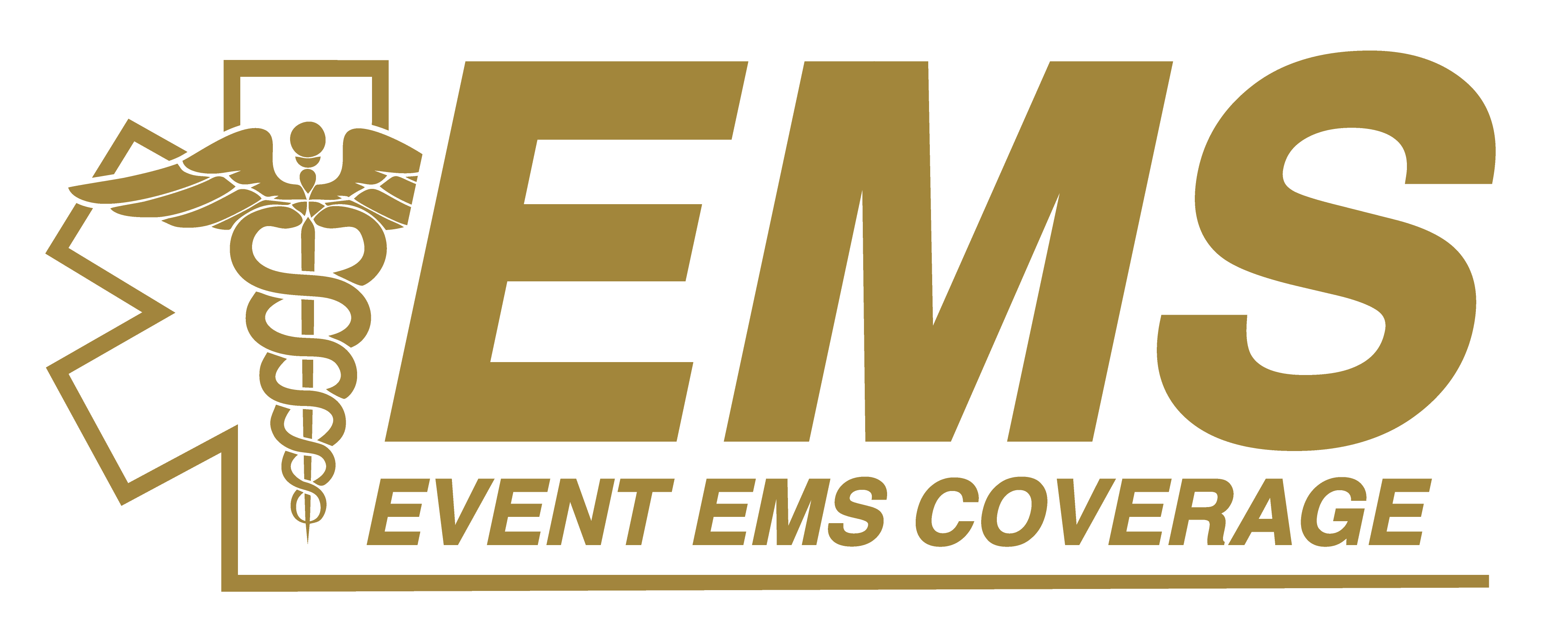 Gold EMS logo with Caduceus symbol and text 'EVENT EMS COVERAGE' beneath.