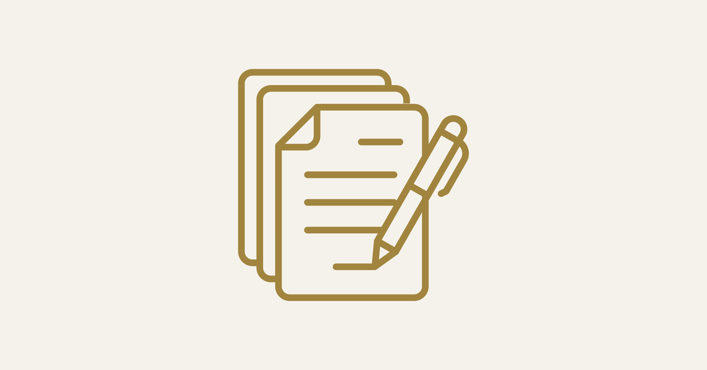 Icon of a pen writing on stacked sheets of paper with lines of text.