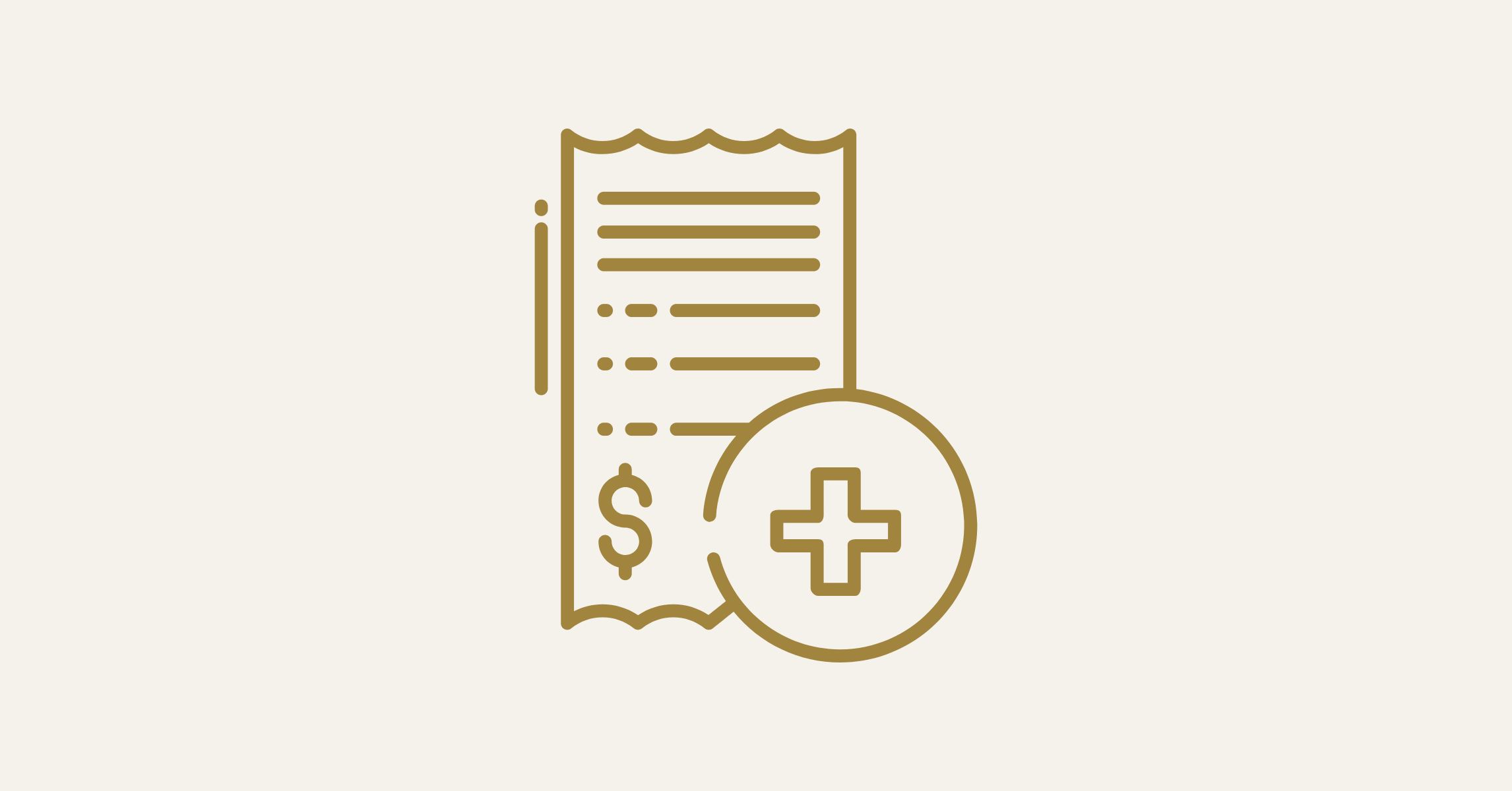 Icon of a receipt with a dollar sign and a medical cross symbol inside a circle overlapping it.