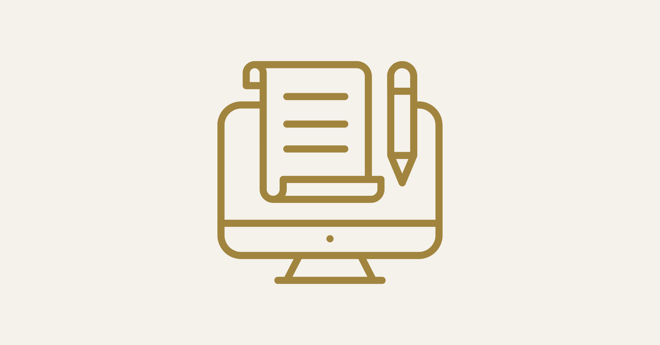 Outline icon of a computer monitor displaying a scroll with text lines next to a pencil.