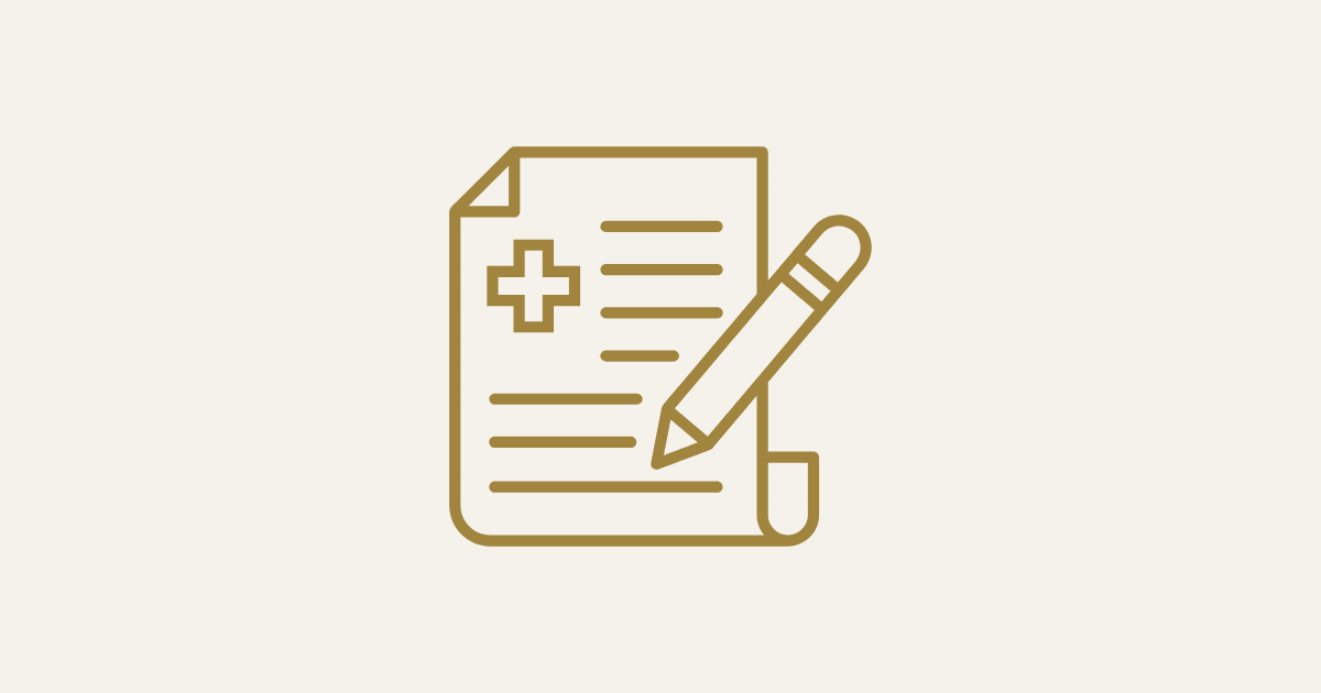 Icon of a medical document with a cross symbol and lines of text, accompanied by a pencil writing on it.