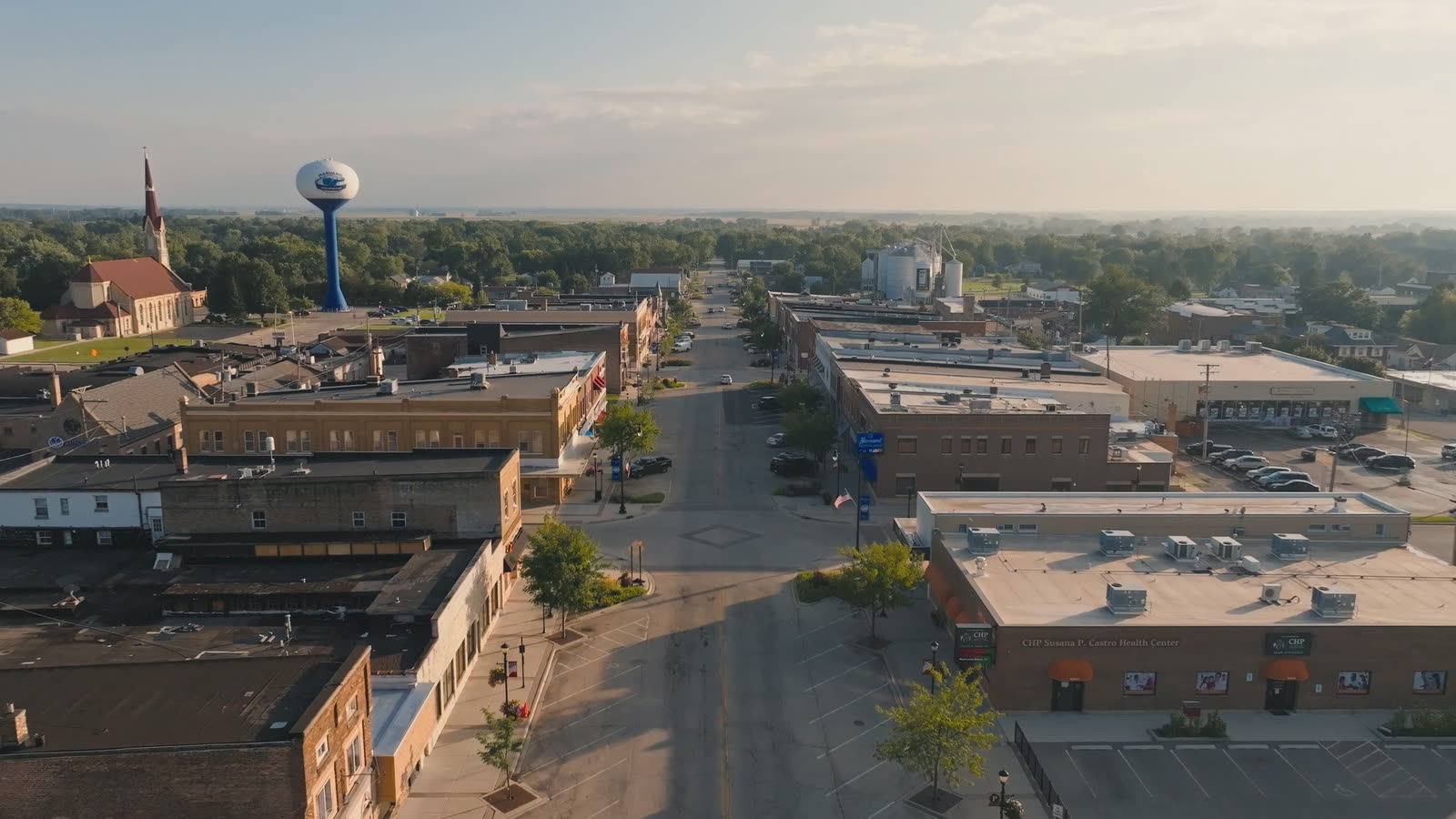 Aerial view of a Northern Illinois downtown and its water tower
