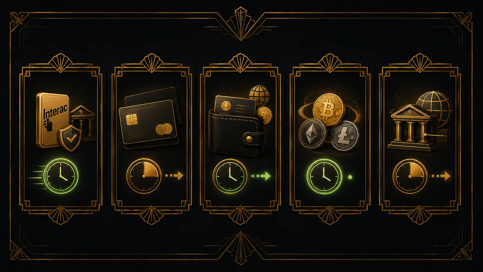 The five main Canadian casino withdrawal methods, Interac, Visa and Mastercard, e-wallets, cryptocurrency and bank transfer, compared by payout speed