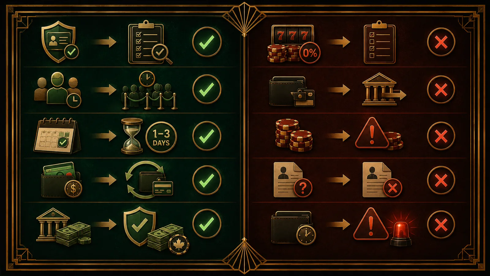 A side by side comparison of casino withdrawals that get approved versus the common reasons a payout is delayed or declined, such as unmet wagering, failed verification and method mismatches
