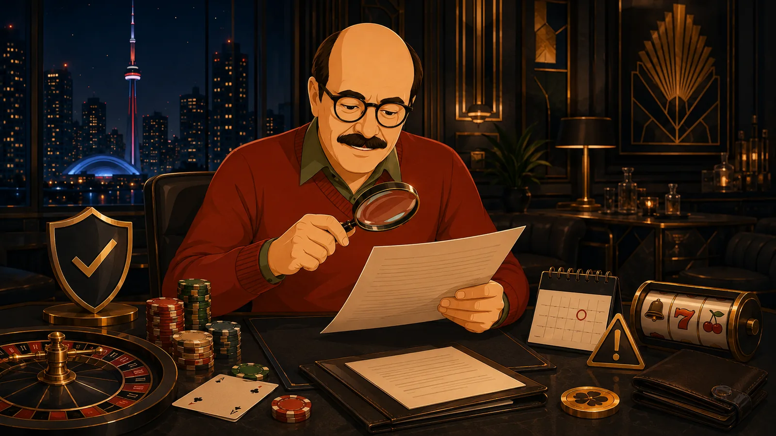 Bankroll Bob reading the bonus terms with a magnifying glass, checking the six rules that control a C$10 bonus