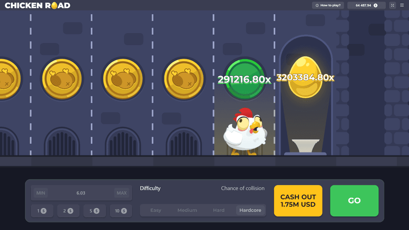 InOut's Chicken Road screenshot showing the chicken, multiplier steps, difficulty selector and cash-out button