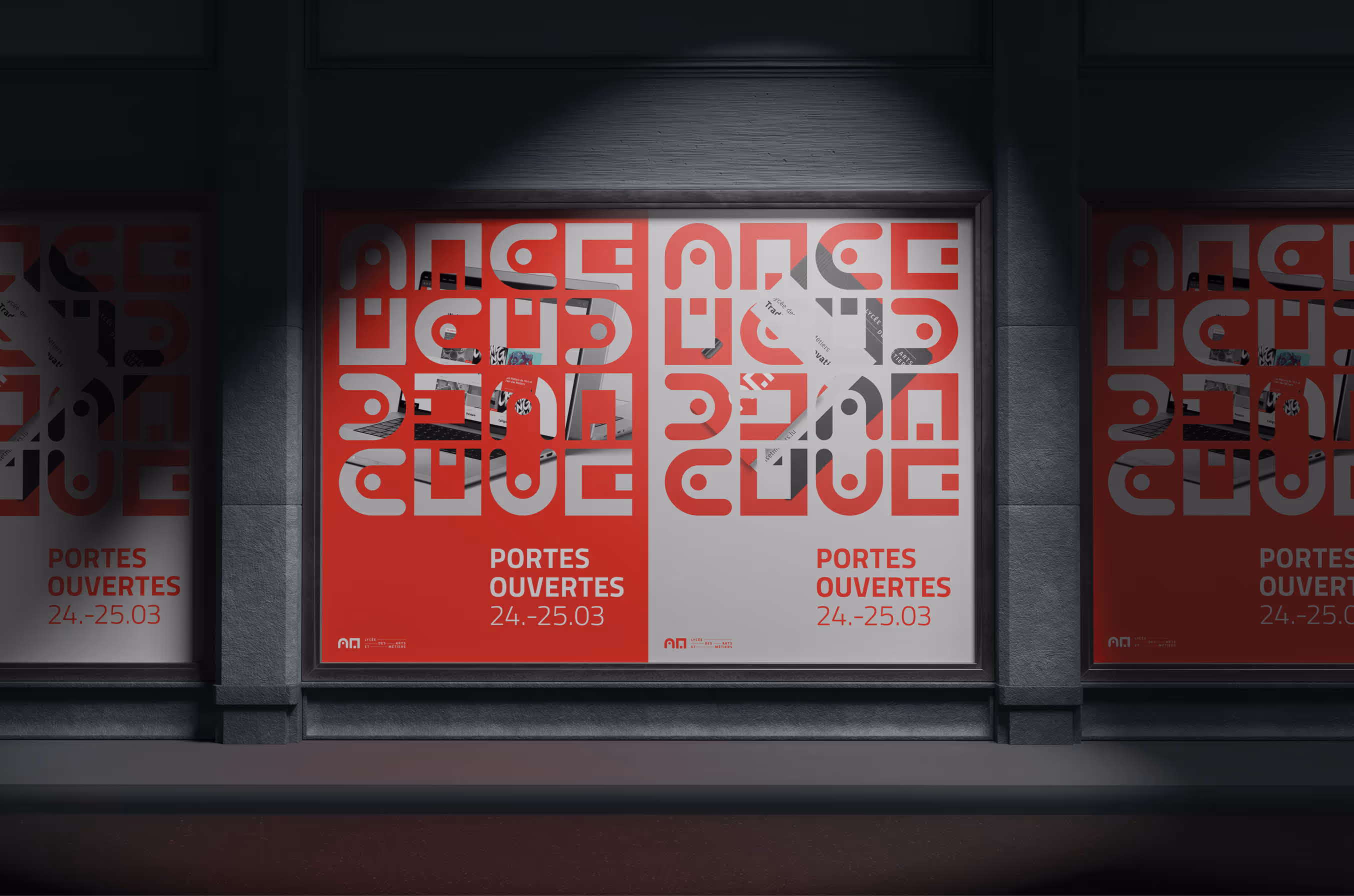 Illuminated red and white poster with abstract patterns and text 'Portes Ouvertes 24.-25.03' displayed in a stone-framed window at night.