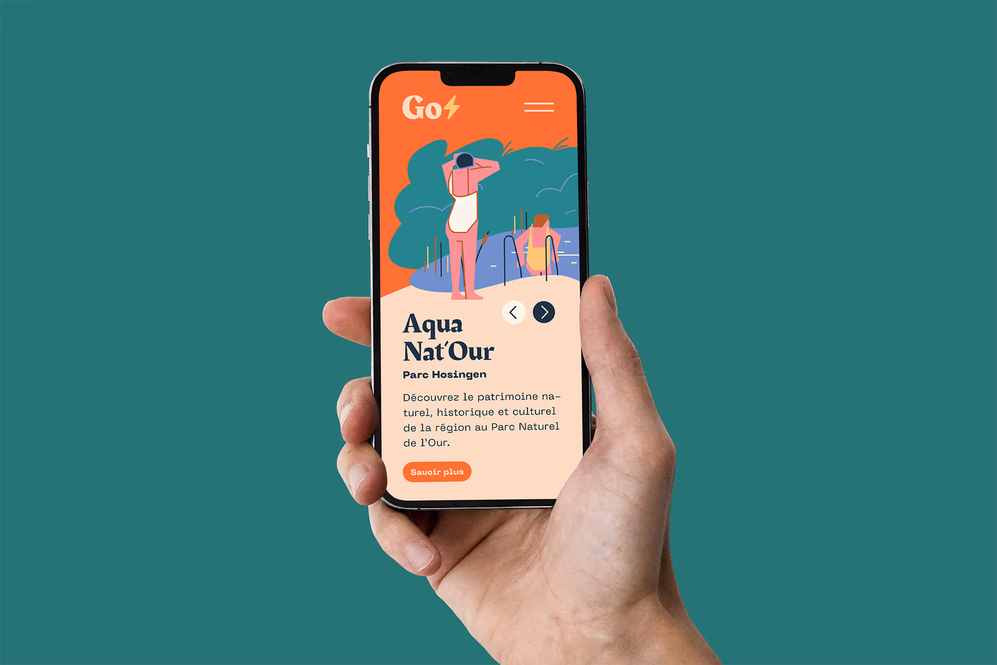 Hand holding smartphone displaying an app screen about Aqua Nat'Our Park Hosingen with an illustration of two people near water and descriptive text in French.